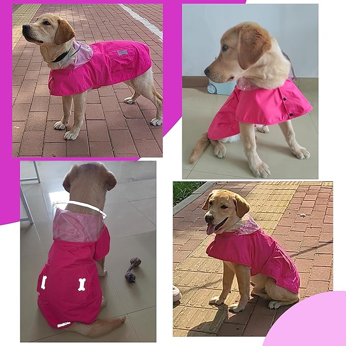 Waterproof Dog Raincoat, Adjustable Reflective Lightweight Pet Rain Clothes with Poncho Hood (Large, Dark Pink)