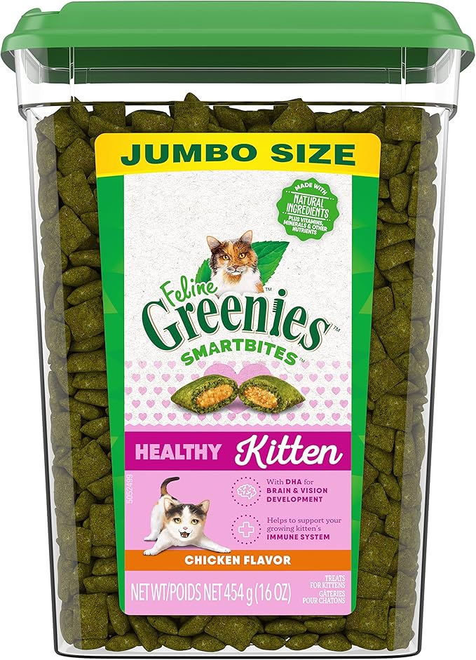Greenies Feline Smartbites Healthy Kitten Treats, Crunchy and Soft Natural Cat Treats, Chicken Flavor, 16 oz Tub