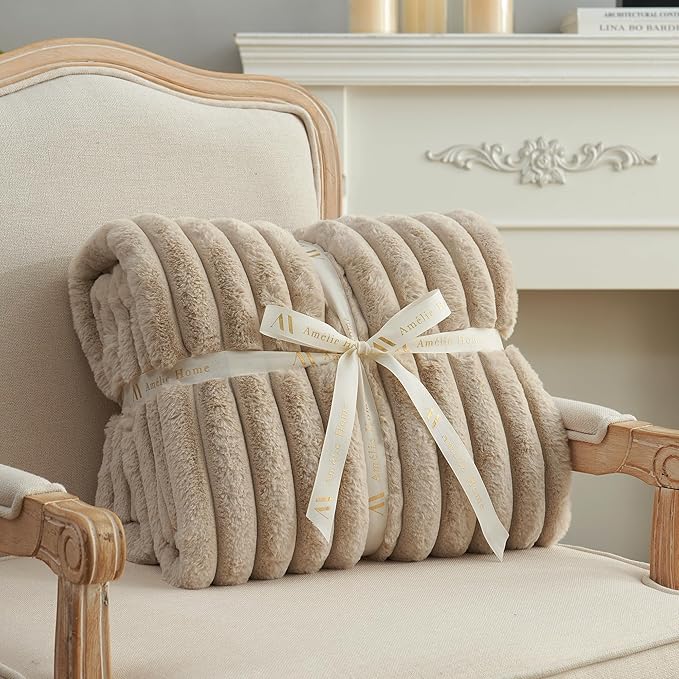 Amélie Home Faux Fur Throw Blanket for Couch, Cozy Fuzzy Fluffy Fur Luxurious Soft Striped Plush Gift Blankets for Family Sofa Chair Bedroom, 55"x70", Beige