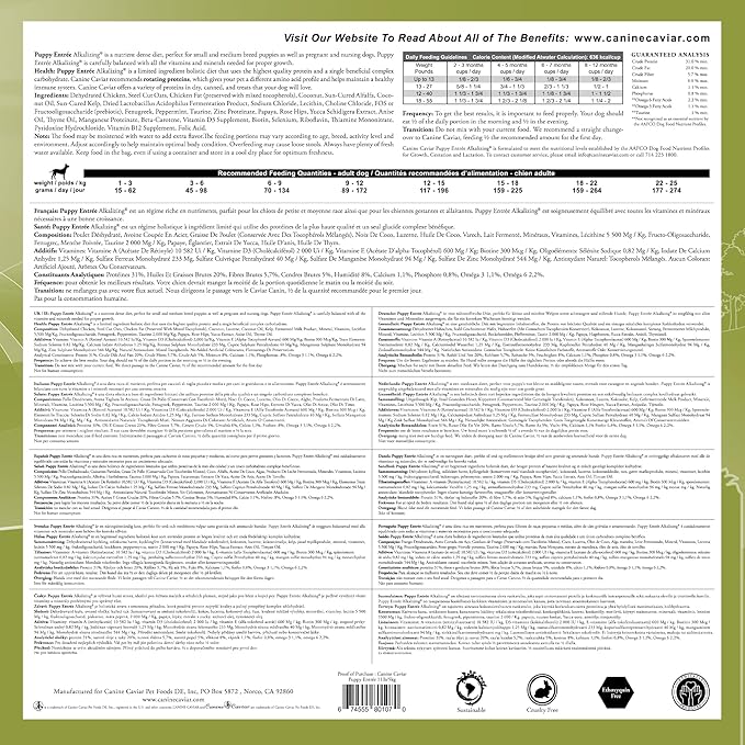 Canine Caviar - Grain Free Puppy: Chicken & Split Peas Alkaline Dry Dog Food, Limited Ingredients, Gluten-Free, Based on Science & Research, Veterinary Alternative Diet (11 Pound Bag)