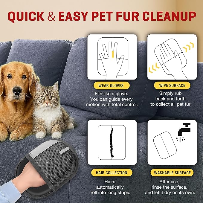 Pet Hair Remover Gloves for Cats & Dogs, Electrostatic Pet Hair Removal Gloves Brush for Pets Hair, Upgraded Animal Fur Removal Tool, Reusable Cats & Dogs Grooming Gloves for Hair Removal (2)