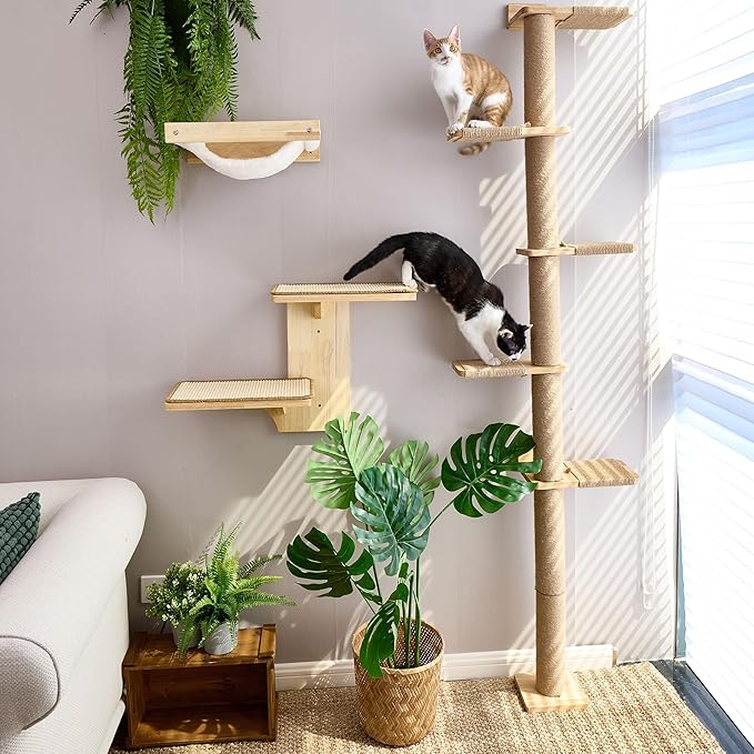 FUKUMARU Tall Cat Tree, 5 Tier Floor to Ceiling Cats Tower, Wall-Mounted Kitten Scratching Post, Wild Simulation Kittens Wall Shelves, Suitable for Climb, Scratch, Lookout and Play