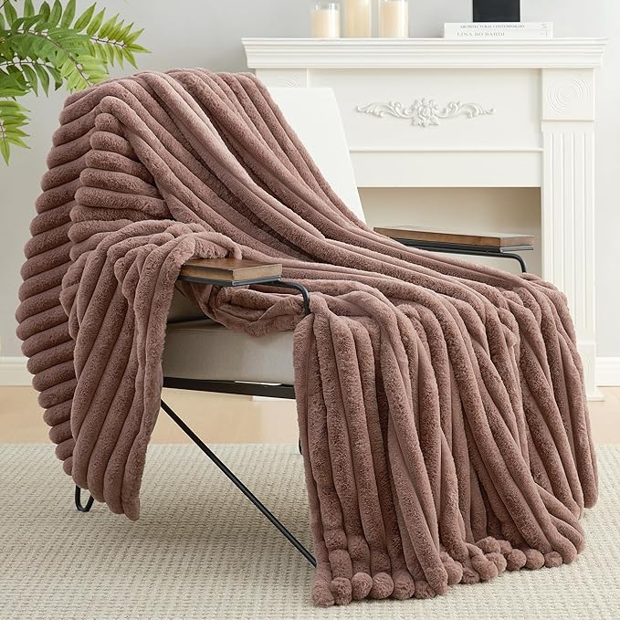 Amélie Home Faux Fur Throw Blanket for Couch, Cozy Fuzzy Fluffy Fur Luxurious Soft Striped Plush Gift Blankets for Family Sofa Chair Bedroom, 55"x70", Light Coffee