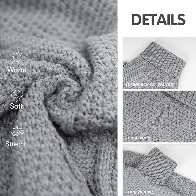 cyeollo Dog Sweater Turtleneck Knitted Sweaters with Leash Hole Soft Knitwear Warm Dog Clothes for Medium Dogs, Grey XXL
