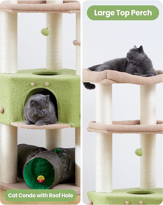 Cat Tree Tower for Indoor Cats Large Adult - Heavy Duty Extra Wide Scratching Post(φ4.4in) Maine Coon Condo House with Hammock Tunnel - 60 Inch XL Feline Bed Trees - Big Multi Level Cat Houses Stand
