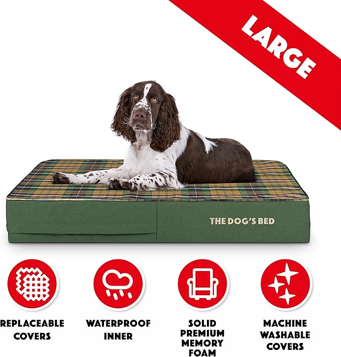 The Dog’s Bed Orthopedic Memory Foam Dog Bed, Large Green Tartan, Pain Relief for Arthritis, Hip & Elbow Dysplasia, Post Surgery, Lameness, Supportive, Calming, Waterproof Washable Cover