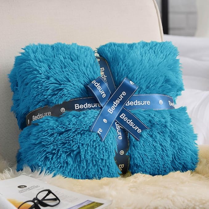 Bedsure GentleSoft Fluffy Bright Blue King Size Blanket for Bed, Thick Soft Sherpa Faux Fur Fleece Bedding Fuzzy Plush Winter Warm Heavy Large King Blanket, Cozy Blue Gifts for Men Women, 108x90