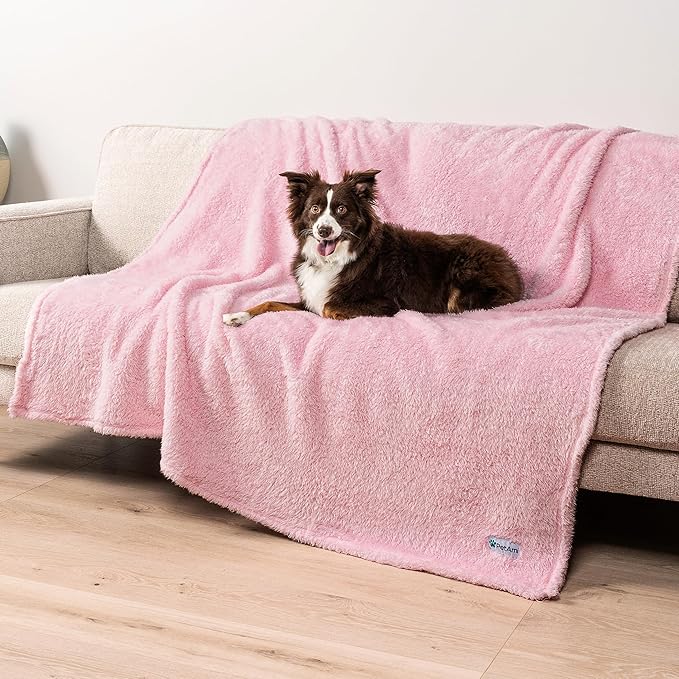 PetAmi Fluffy Waterproof Dog Blanket for Bed Large Dogs, Soft Warm Pet Sherpa Throw Pee Proof Couch Cover, Reversible Cat Blanket Sofa Crate Kennel Protector, Washable Mat Queen (Pink Blush, 90x90)