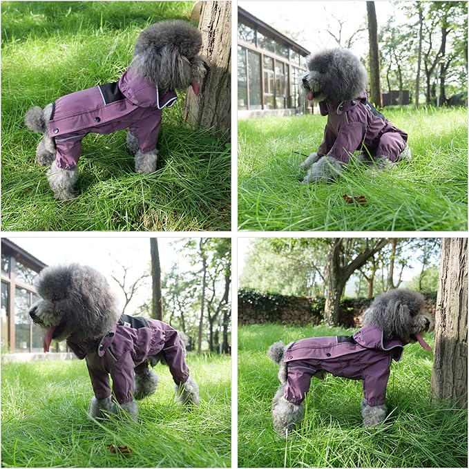 LOVELONGLONG Waterproof Dog Raincoat with Removable Hood – Outdoor Full Body Dog Jacket, Windproof Snowproof Shell Suit – All Season Pet Rain Gear Plum Purple 4XL