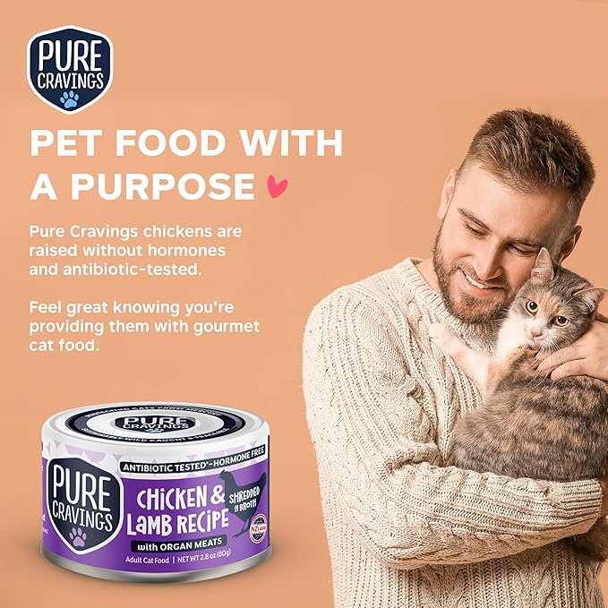 Pure Cravings Chicken and Lamb Recipe in Broth, Shredded Wet Cat Food, Grain-Free Protein, Non-GMO, 12 Pack