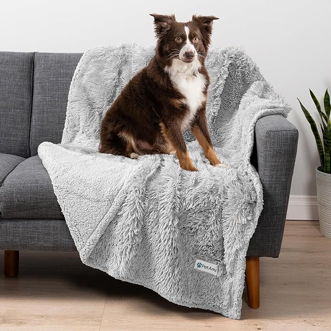 PetAmi Waterproof Dog Blanket for Medium Large Dogs, Calming Fleece Cat Blanket, Couch Protector Washable Sherpa Faux Fur Pet Throw for Puppy, Soft Reversible Leakproof 40x60 Light Gray