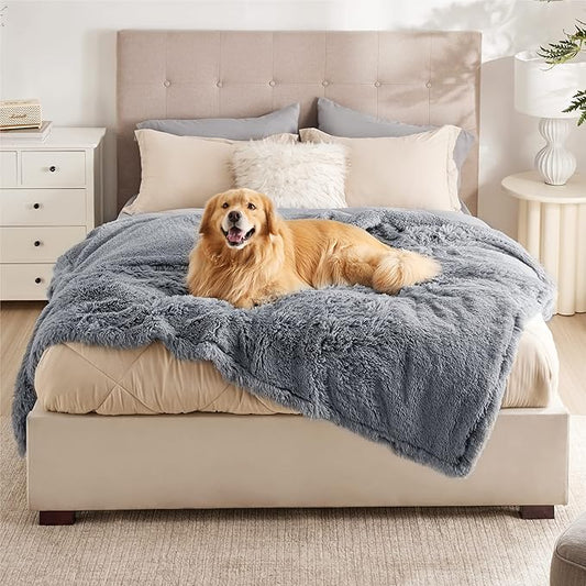 Bedsure Waterproof Dog Blankets for Large Dogs - Cat Blanket for Bed Couch Protector Washable Long Faux Fur, Calming Soft Reversible Throw Furniture Protection for Puppy Pet, 60"x80", Grey