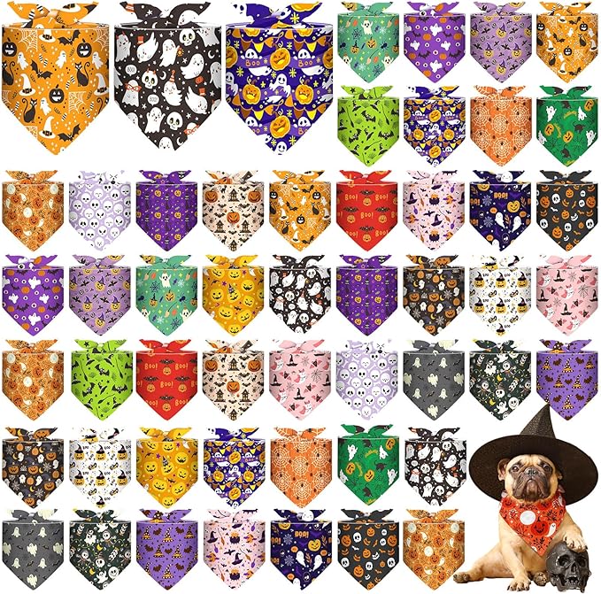 Sanwuta 48 Pcs Halloween Dog Bandanas Bulk Pumpkin Dog Bandanas Adjustable Ghost Colorful Scarf Handkerchief Bib Accessories for Small Medium Large Breeds Pet Costume Accessories