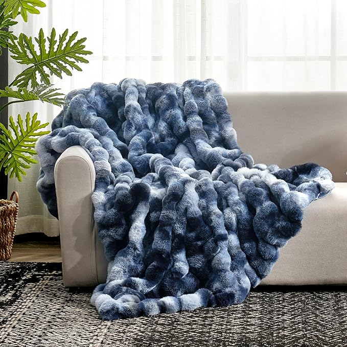 Cozy Bliss Faux Fur Throw Blanket for Couch, Fuzzy Soft Plush Thick Bubble Blanket for Sofa Bedroom Living Room, 50 * 60 Inches Tie-dye Blue