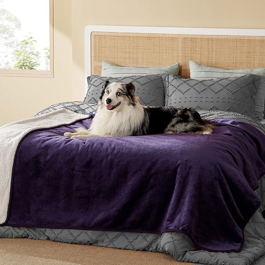 Bedsure Waterproof Blanket for Bed - Sherpa Fleece Waterproof Dog Blankets for Large Dogs, Pet Blankets for Bed/Couch/Dog Crate, Soft Plush Reversible Furniture Protector, Twin, 80"x60", Eggplant