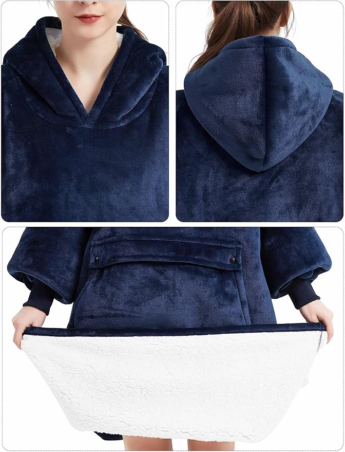 KFUBUO Wearable Blanket Hoodie for Adult Long Sherpa Oversized Hoodie Sweatshirt Blanket Birthday Gifts for Women Navy