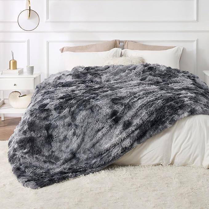 Bedsure GentleSoft Fluffy King Size Blanket for Bed, Faux Fur Fuzzy Minky Couture Warm Blanket for Winter, Thick Plush Sherpa Fleece Oversized Winter Bedding Cozy Gifts for Room, 108x90, Tie Dye Grey