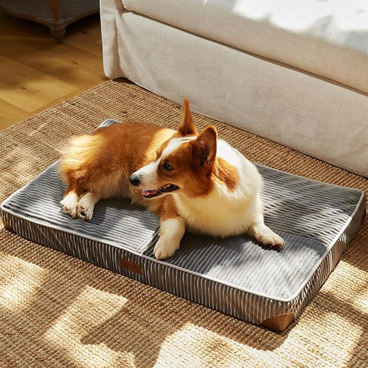 FUKUMARU Dog Bed, Plush Corduroy Orthopedic Dog Beds with Washable Cover, Large Waterproof Dogs Bed for Crate, Egg Crate Foam Support Pet Mat, Cozy Pet Bed Mat with Anti-Slip Bottom, Grey