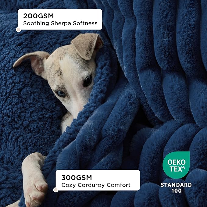 Bedsure Waterproof Dog Blankets for Large Dogs - Soft Puppy Cat Blanket Corduroy Fleece for Couch Protector Washable, Cozy Calming Reversible Furniture Protection for Pet,40"x50", Navy Blue