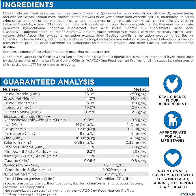 NutriSource Grain-Free Dog Food, Large Breed, Made with Chicken and Peas, Large Breed, 30LB, Dry Dog Food