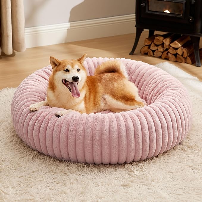Bedsure Donut Large Dog Bed - Washable Faux Fur with Corduroy Fleece & Anti Slip Bottom, Round Pet Bed with Removable Cover, Blush Pink, 36x36x8 inches