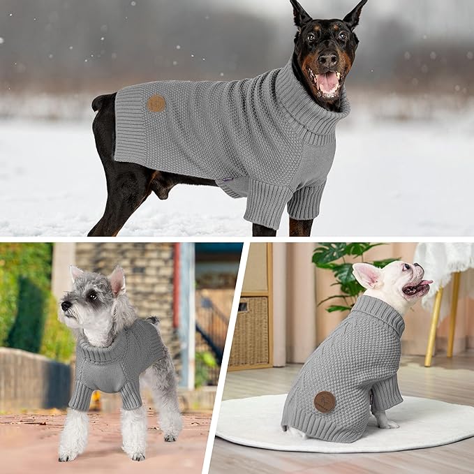 cyeollo Turtleneck Dog Sweater Knitted Cable Sweaters with Leash Hole Winter Pet Clothes Pet Small Dog Sweaters, Grey XL