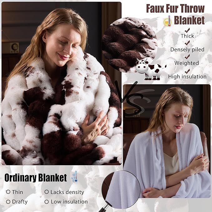 Faux Fur Throw Blanket for Couch, Fluffy Fuzzy Plush Bubble Blanket, Soft Warm Cozy Shaggy Rabbit Blanket, Luxury Decorative Gifts for Sofa Bedroom Living Room, 60x50inch (Cow Print-Brown)