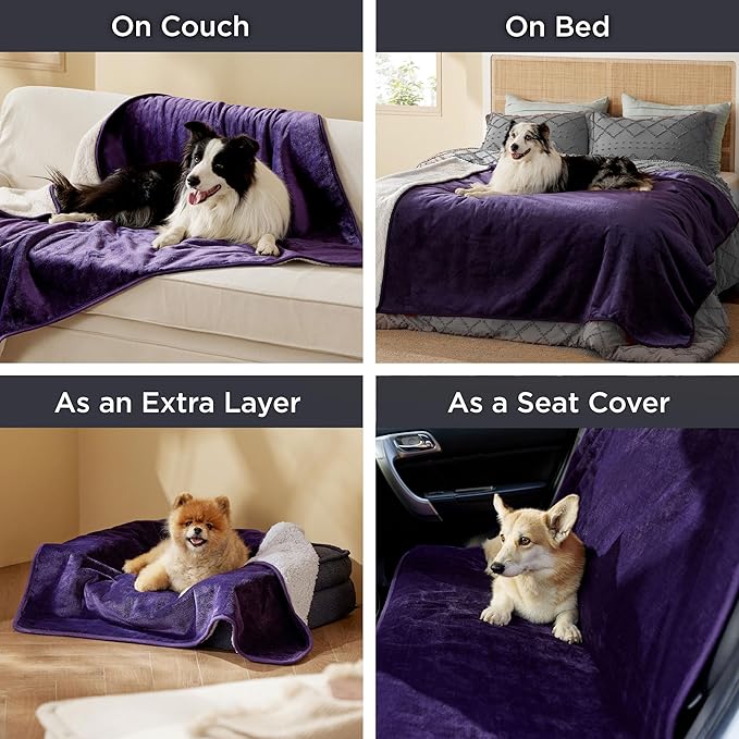 Bedsure Waterproof Blanket for Bed - Sherpa Fleece Waterproof Dog Blankets for Large Dogs, Pet Blankets for Bed/Couch/Dog Crate, Soft Plush Reversible Furniture Protector, King, 108"x86", Eggplant