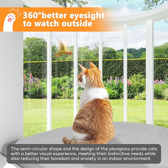 BlueWish Cat Window Box, Semicircular Adjustable Cat Window Perch, Wooden Window Catio Fits Vertical Window Frames 26" to 42" Wide, Sunbathing, Napping & Overlooking