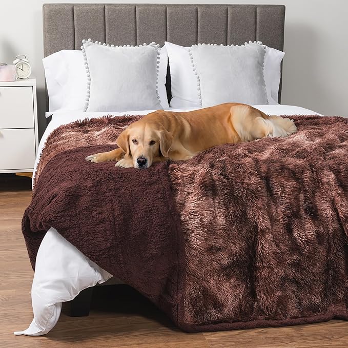 PetAmi Waterproof Dog Blanket for Large Dog, Queen Size Calming Pet Blanket Couch Cover Protector, Sherpa Faux Fur Cat Throw for Sofa Furniture Bed, Soft Fluffy XL, 90x90 Tie-Dye Brown