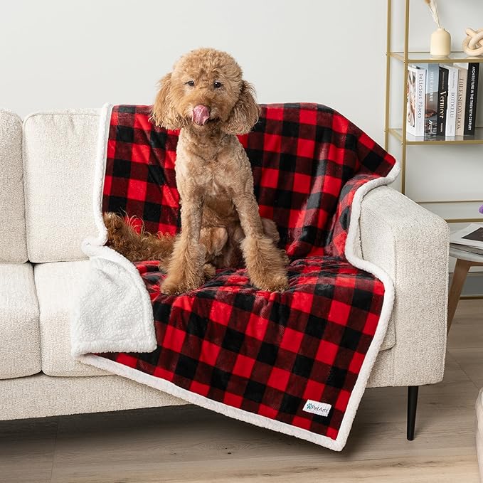 PetAmi Waterproof Dog Blanket for Medium Large XL Dog Puppy Cat Throw for Couch Cover Leakproof Protection, Sherpa Fleece, Reversible Soft Washable 80x60 Checker Plaid Red