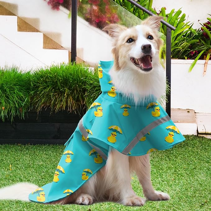 NACOCO Large Dog Raincoat Adjustable - Pet Rubber Ducks Yellow Water Proof Clothes Lightweight Rain Jacket Poncho Hoodies with Strip Reflective Pink (Lake Green 3XL, Sunglass Duck)