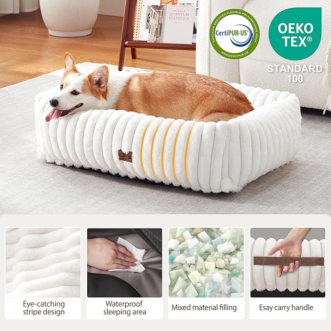 Orthopedic Dog Bed for Small Medium Dogs - Washable Rectangle Corduroy Fleece Pet Bed with Removable Cover and Nonskid Bottom, Calming Puppy Bed Soft Pet Sofa, Cream(30x24x8inchs)