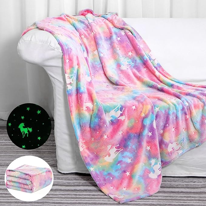 Glow in The Dark Blanket Unicorns Gifts for Girls,Toys for 2 3 4 5 6 7 8 9 10 Year Old Girl Gifts,Soft Kids Blankets for Christmas Halloween Birthday Valentines Gifts,60"x80"