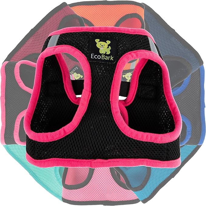 EcoBark Step in Dog Harness - Eco-Friendly Teacup Dog Harnesses for XXS, XS, and Small Dogs - Reflective and Adjustable Mini Body Halter Vest -Tiny Soft Mesh Toy Breed Harness (XXXS, Black and Pink)