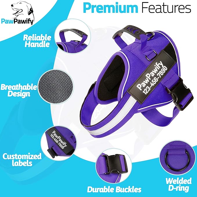 PawPawify Custom No Pull Dog Harness with Name and Phone Number, Heavy Duty Personalized Pet Vest to Prevent Tugging, Pulling, or Choking, Training and Walking (New Purple, M (20-40 LBS))