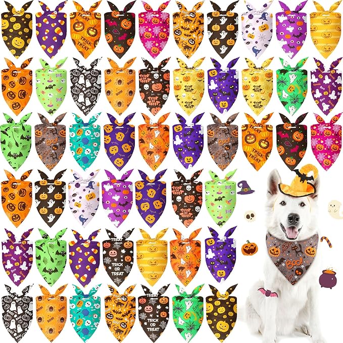 Preboun 50 Pcs Halloween Dog Bandanas Bulk Pumpkin Ghost Bandanas for Dogs Colorful Triangle Kerchief Bibs Scarf Set for Pet Costume Photo Props Accessories Pet Shops, 25 Styles (31.5 x 21.7 x 21.7)
