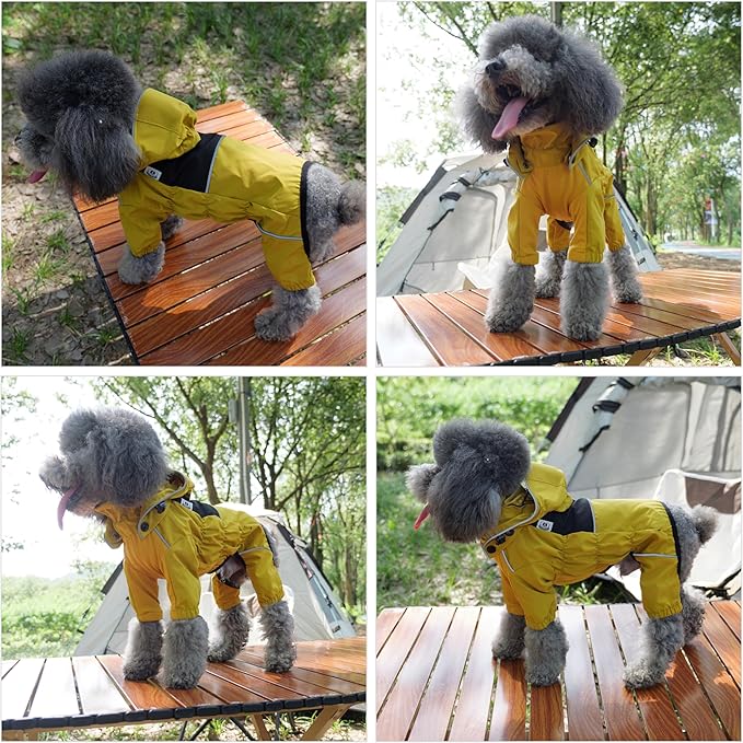 LOVELONGLONG Waterproof Dog Raincoat with Removable Hood – Outdoor Full Body Dog Jacket, Windproof Snowproof Shell Suit – All Season Pet Rain Gear Mustard Yellow XXL