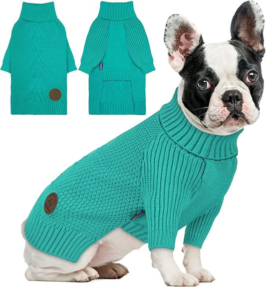 cyeollo Stretchy Fleece Dog Sweater, Knit Sweaters for Small Dogs Girl Warm Turtleneck Doggy Sweatshirt with Sleeves Fall Winter Pullover Cold Weather Dog Clothes, Aqua Green S