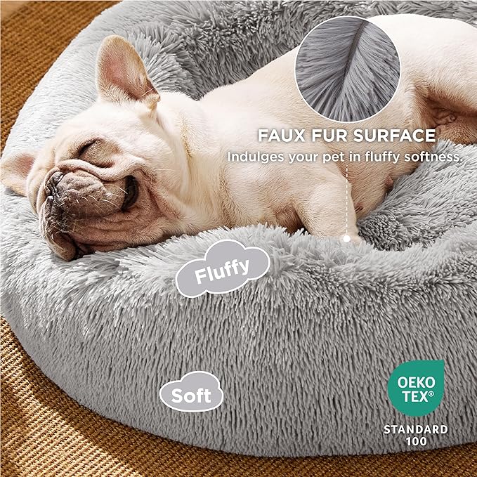 Bedsure Calming Dog Bed for Small Dogs - Donut Washable Small Pet Bed, 23 inches Anti-Slip Round Fluffy Plush Faux Fur Large Cat Bed, Fits up to 25 lbs Pets, Pale Grey