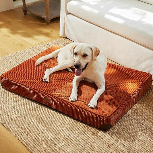 FFUKUMARU Dog Bed, Plush Corduroy Orthopedic Dog Beds with Removable Washable Cover, XL Waterproof Dogs Bed for Crate, Egg Crate Foam Support Pet Mat, Cozy Pet Bed Mat with Anti-Slip Bottom, Orange