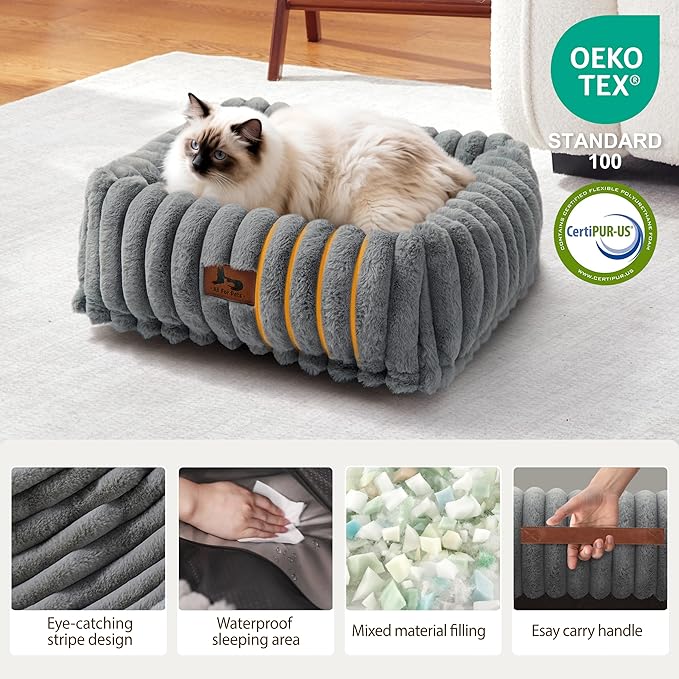 Orthopedic Dog Bed for Small Medium Dogs - Washable Rectangle Corduroy Fleece Pet Bed with Removable Cover and Nonskid Bottom, Calming Puppy Bed Soft Pet Sofa, Grey(20x19x6inchs)