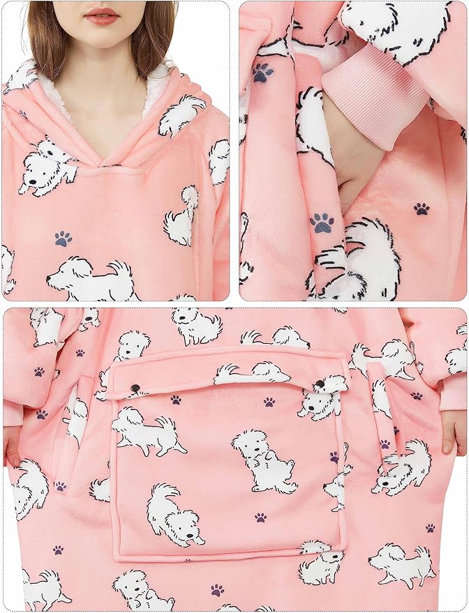 KFUBUO Wearable Blanket Hoodie for Adult Long Sherpa Dog Patterns Oversized Hoodie Sweatshirt Blanket Cute Birthday Gifts for Women