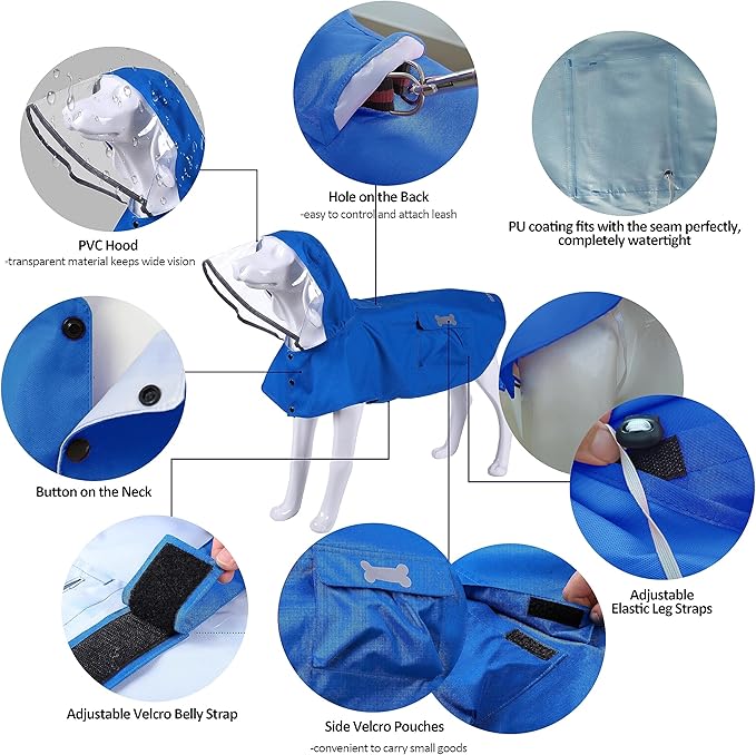 Waterproof Dog Raincoat, Adjustable Reflective Lightweight Pet Rain Clothes with Poncho Hood (Medium, Blue)