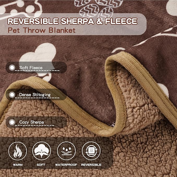 Waterproof Dog Blankets Pet Blanket 60"x80", Soft Fluffy Sofa Car Bed Protector, Reversible Sherpa Fleece Dog Blanket for Large Dogs (Chocolate Brown-Bones)