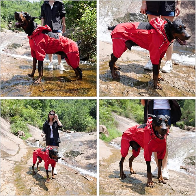 LOVELONGLONG Waterproof Dog Raincoat with Removable Hood – Outdoor Full Body Dog Jacket, Windproof Snowproof Shell Suit – All Season Pet Rain Gear Red 4XL