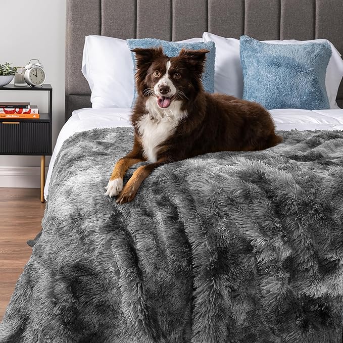 PetAmi Waterproof Dog Blanket for Large Dog, Queen Size Calming Pet Blanket Couch Cover Protector, Sherpa Faux Fur Cat Throw for Sofa Furniture Bed, Soft Fluffy XL, 90x90 Tie-Dye Gray