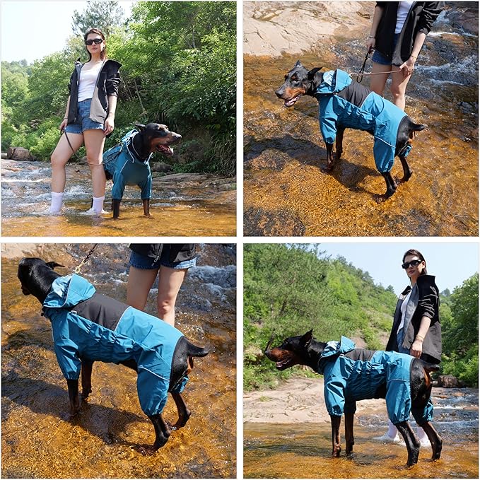 LOVELONGLONG Waterproof Dog Raincoat with Removable Hood – Outdoor Full Body Dog Jacket, Windproof Snowproof Shell Suit – All Season Pet Rain Gear Ocean Teal S