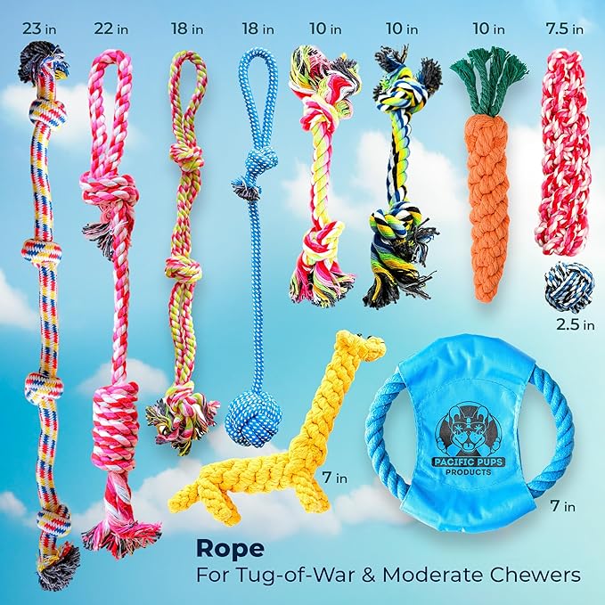 Pacific Pups Products Dog Rope Toys for Medium Dogs 11 Pack - 11 Dog Toy Pack & Puppy Teething Rope Tug of War Dog Toys, Chew Toys to Keep Them Busy, Puppy Chew Ropes