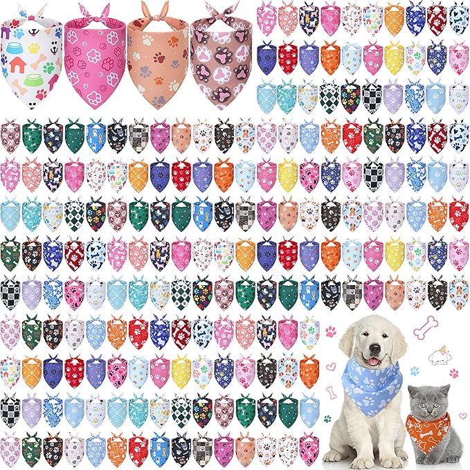 Kacctyen 200 Pcs Dog Bandanas Bulk Dog Paw Printed Pet Scarf Bibs Adjustable Washable Kerchief Daily Holiday Party Pet Costume Accessories Grooming Supplies for Small to Large Cats Dogs